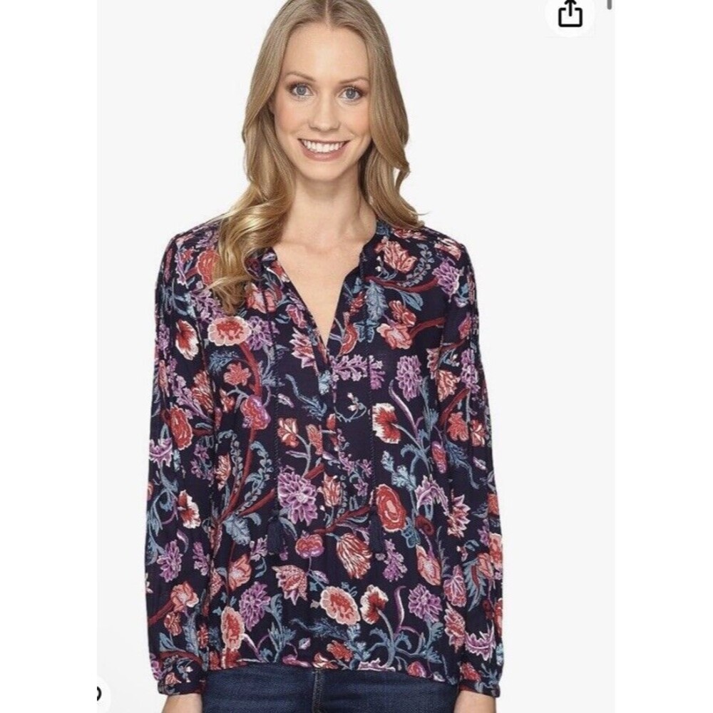 Lucky Brand Navy Blue Floral Blouse Size L‎ Long Sleeve Bohemian Lightweight Top